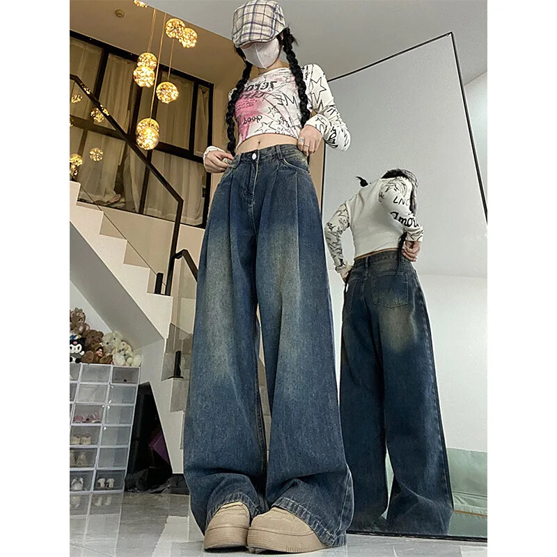 Vintage amerikāņu stila džinsi sievietēm brīvi pieguļoši novājēšanai ar augstu vidukli, taisnu kāju platas bikses ikdienas modes