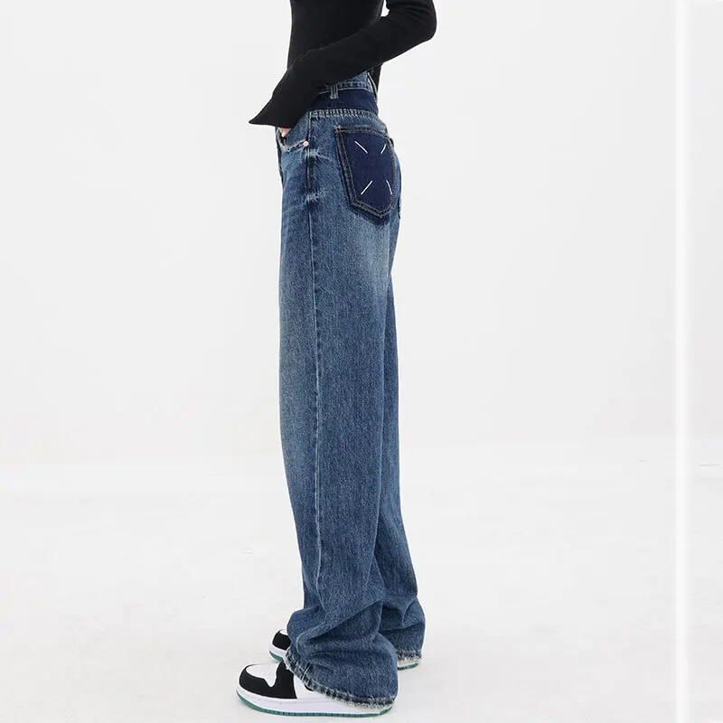 Korėjietiško stiliaus moteriški džinsai aukštu juosmeniu. Kasdienis kišeninis dizainas tiesiomis kelnių spalvomis blokuoja laisvą nišą vintažinės ilgos kelnės