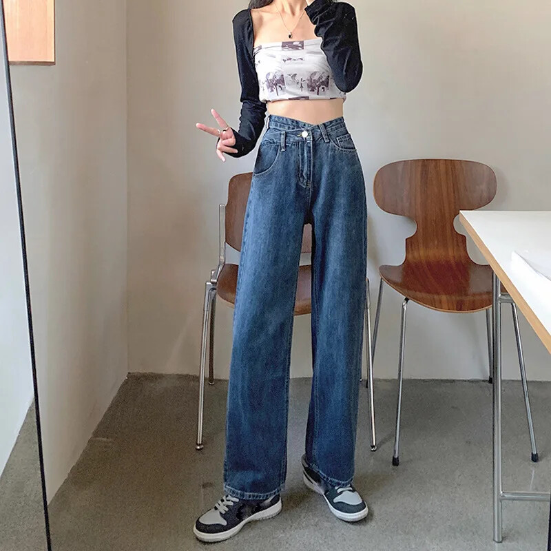 Disain Sensibility naiste sirge säärega teksad Kõrge vöökohaga salendavad vintage laia säärega lohisevad püksid suvised uustulnukad šikk stiil