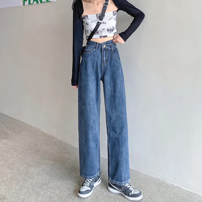 Disain Sensibility naiste sirge säärega teksad Kõrge vöökohaga salendavad vintage laia säärega lohisevad püksid suvised uustulnukad šikk stiil