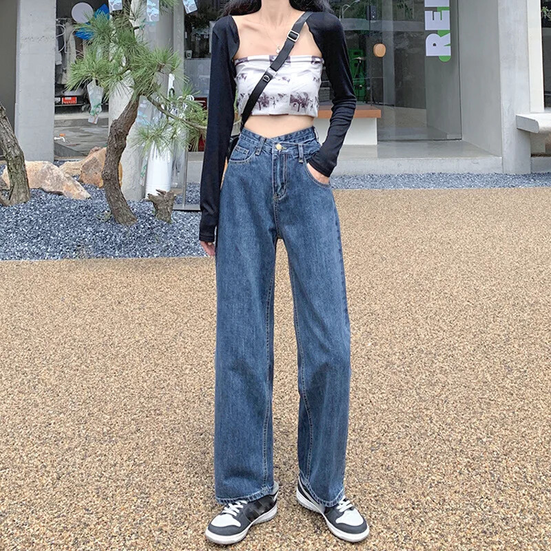 Disain Sensibility naiste sirge säärega teksad Kõrge vöökohaga salendavad vintage laia säärega lohisevad püksid suvised uustulnukad šikk stiil