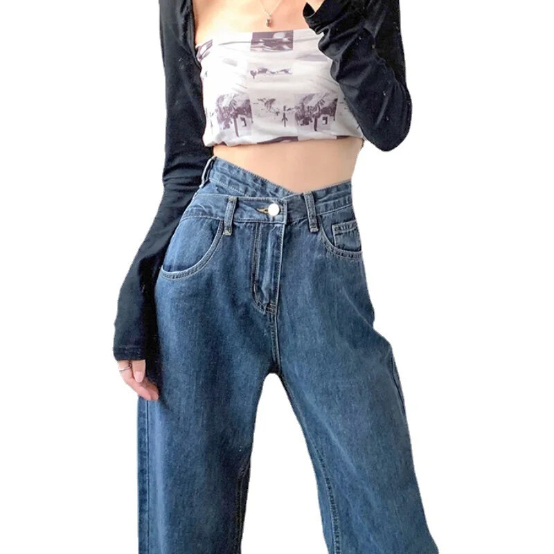 Disain Sensibility naiste sirge säärega teksad Kõrge vöökohaga salendavad vintage laia säärega lohisevad püksid suvised uustulnukad šikk stiil