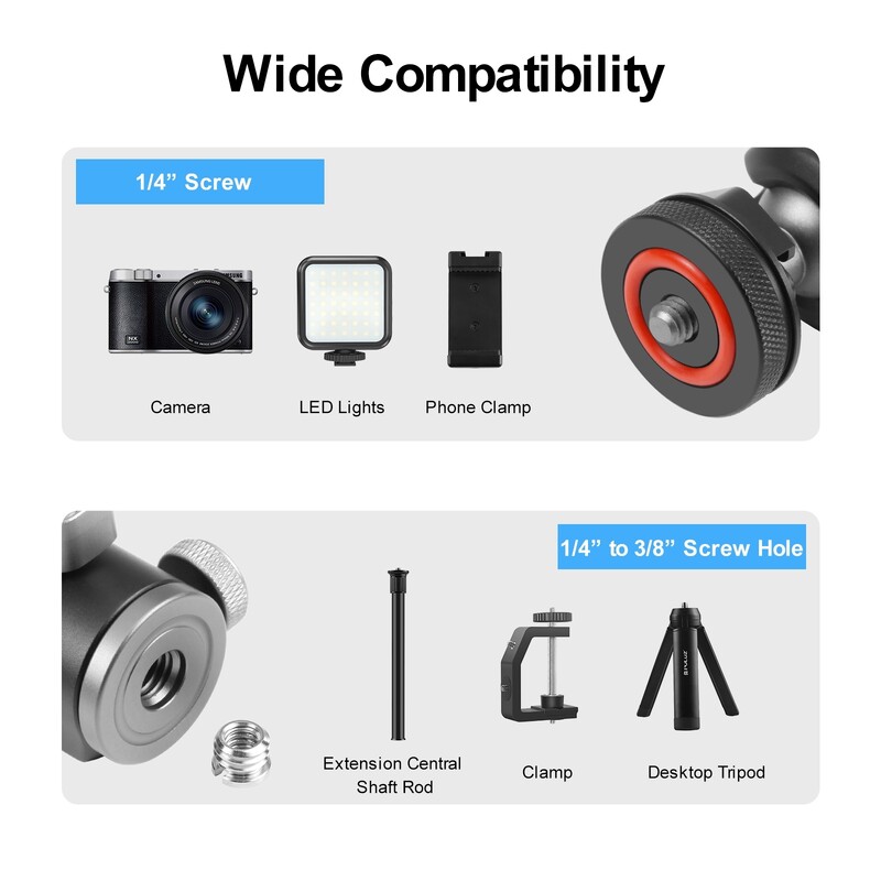 PULUZ Dual Cold Shoes Προσαρμογέας κεφαλής τριπόδου από κράμα αλουμινίου με 1/4 βίδα για Gopro/ Insta360/ DJI και άλλες κάμερες