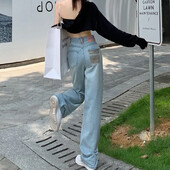 Aukštu juosmeniu siuvinėti džinsai Moteriški laisvalaikio tiesūs kelnės plačiomis kelnėmis su kutais spalvos blokuojantis dizainas nišinis stilius