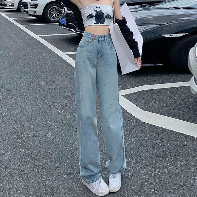 Aukštu juosmeniu siuvinėti džinsai Moteriški laisvalaikio tiesūs kelnės plačiomis kelnėmis su kutais spalvos blokuojantis dizainas nišinis stilius
