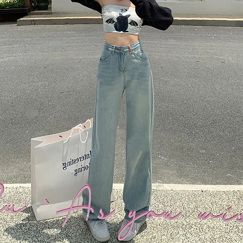 Aukštu juosmeniu siuvinėti džinsai Moteriški laisvalaikio tiesūs kelnės plačiomis kelnėmis su kutais spalvos blokuojantis dizainas nišinis stilius