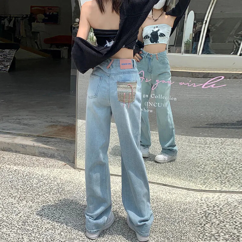 Aukštu juosmeniu siuvinėti džinsai Moteriški laisvalaikio tiesūs kelnės plačiomis kelnėmis su kutais spalvos blokuojantis dizainas nišinis stilius