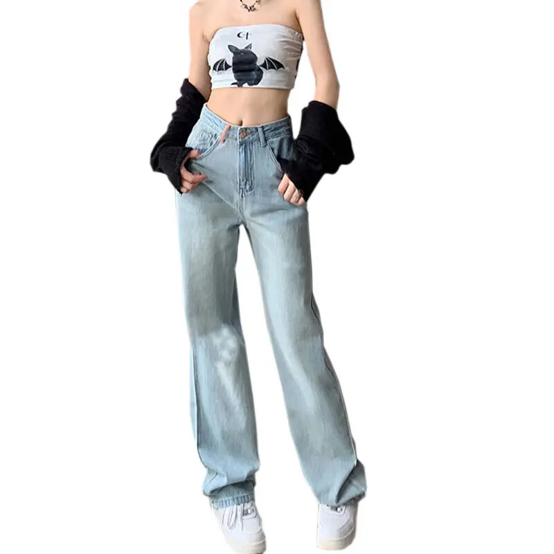 Aukštu juosmeniu siuvinėti džinsai Moteriški laisvalaikio tiesūs kelnės plačiomis kelnėmis su kutais spalvos blokuojantis dizainas nišinis stilius