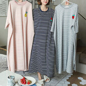 Vasarinė pižamų suknelė moteriška trumpomis rankovėmis animacinių filmų namų apranga pailginta plius dydžio dryžuota studentiška pižama, kurią lengva skalbti ilgus drabužius