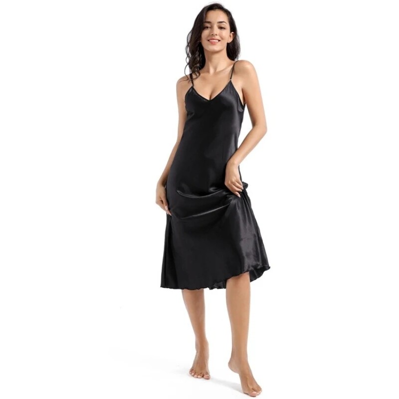 Moteriškas ilgas satino naktiniai marškiniai Slip Suknelė Naktinis šilkas Nightie Minkštas V kaklo naktiniai drabužiai