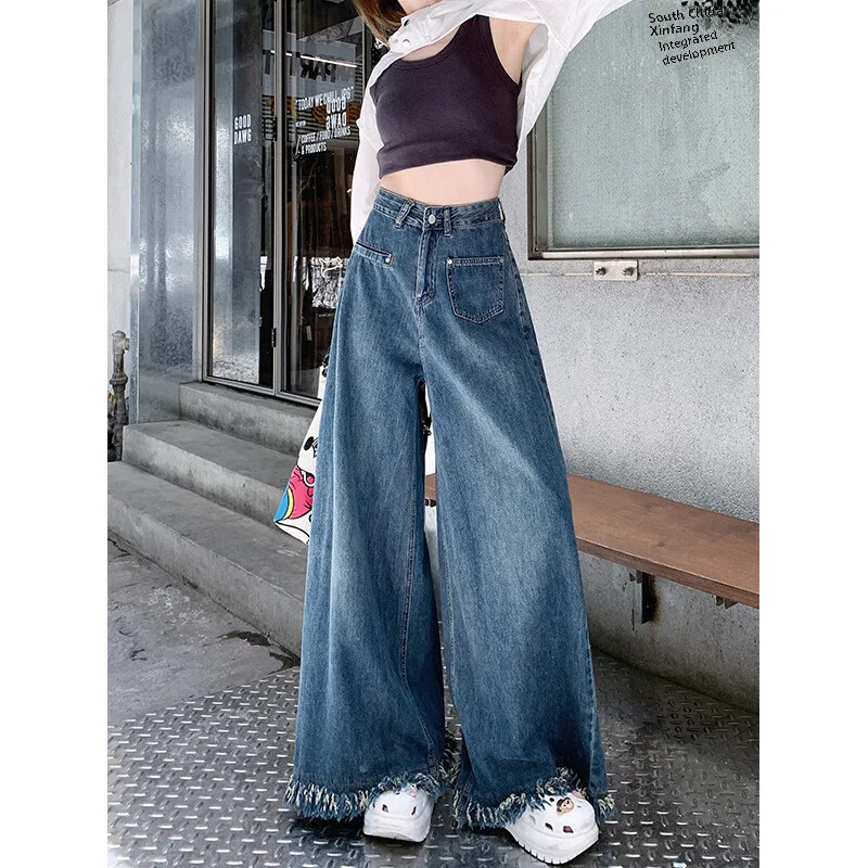 Vintažiniai džinsai su kutais Moteriškos kelnės aukštu juosmeniu, liekninančios, laisvo kirpimo dizainas Jautrumas tiesiomis plačiomis kelnėmis.