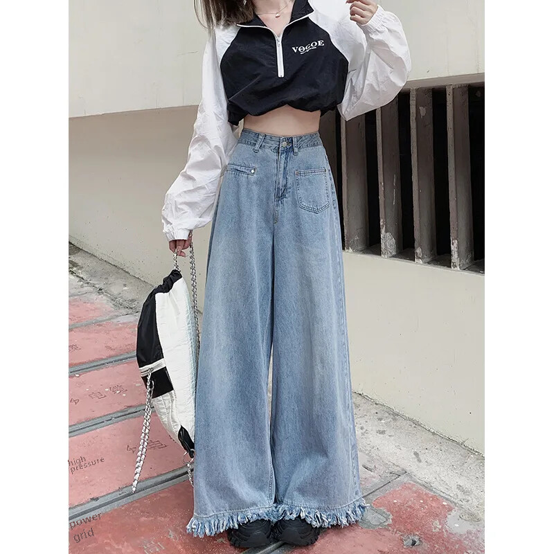 Vintažiniai džinsai su kutais Moteriškos kelnės aukštu juosmeniu, liekninančios, laisvo kirpimo dizainas Jautrumas tiesiomis plačiomis kelnėmis.