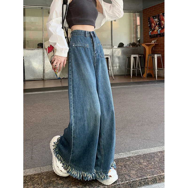 Vintažiniai džinsai su kutais Moteriškos kelnės aukštu juosmeniu, liekninančios, laisvo kirpimo dizainas Jautrumas tiesiomis plačiomis kelnėmis.