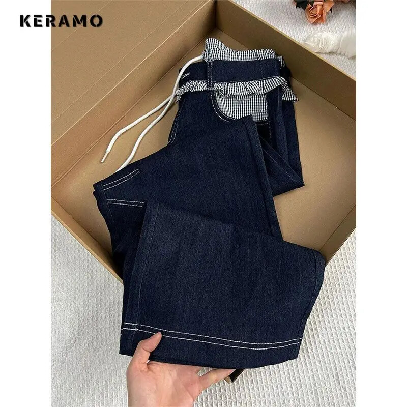 Moteriškos Sweet Y2K Baggy Patchwork džinsinės kelnės skalbtos vintažinės laisvalaikio kelnės Grunge High Street Retro aukštu juosmeniu klasikiniai Emo džinsai