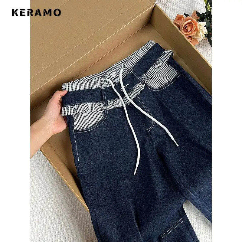 Moteriškos Sweet Y2K Baggy Patchwork džinsinės kelnės skalbtos vintažinės laisvalaikio kelnės Grunge High Street Retro aukštu juosmeniu klasikiniai Emo džinsai