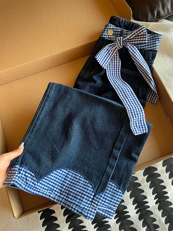 Negabaritiniai languoti džinsai Moteriški pavasario nauji aukštu juosmeniu Laisvos prašmatnios lankstinės džinsinės kelnės Moteriškos plačios kelnės