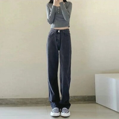 Moteriški liekninantys džinsai aukštu juosmeniu, laisvo kirpimo plačiomis kojomis tiesiomis kojomis, aprištos pavasario sezono naujo stiliaus korėjietiškos versijos džinsinės kelnės