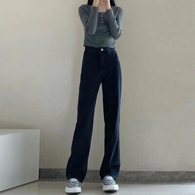 Moteriški liekninantys džinsai aukštu juosmeniu, laisvo kirpimo plačiomis kojomis tiesiomis kojomis, aprištos pavasario sezono naujo stiliaus korėjietiškos versijos džinsinės kelnės