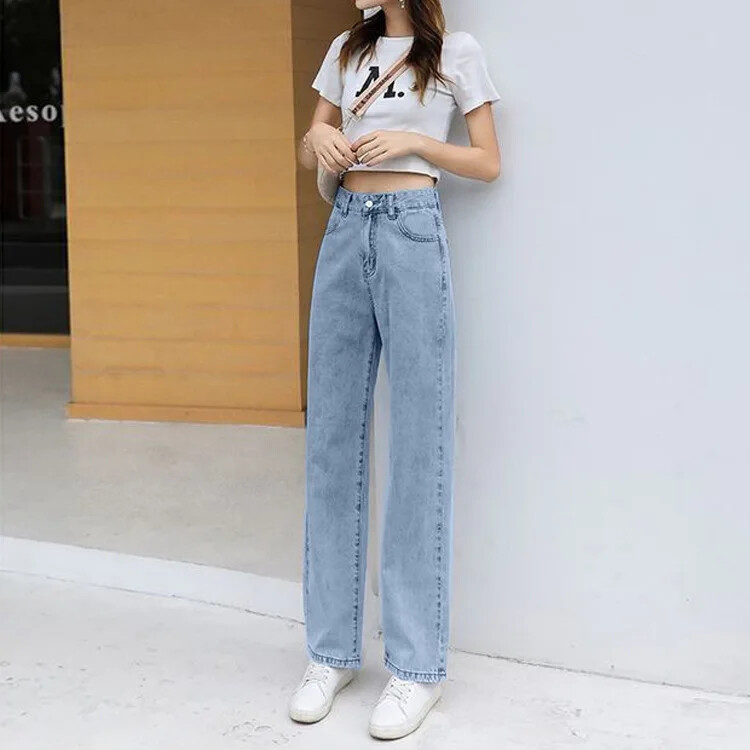 Moteriški liekninantys džinsai aukštu juosmeniu, laisvo kirpimo plačiomis kojomis tiesiomis kojomis, aprištos pavasario sezono naujo stiliaus korėjietiškos versijos džinsinės kelnės