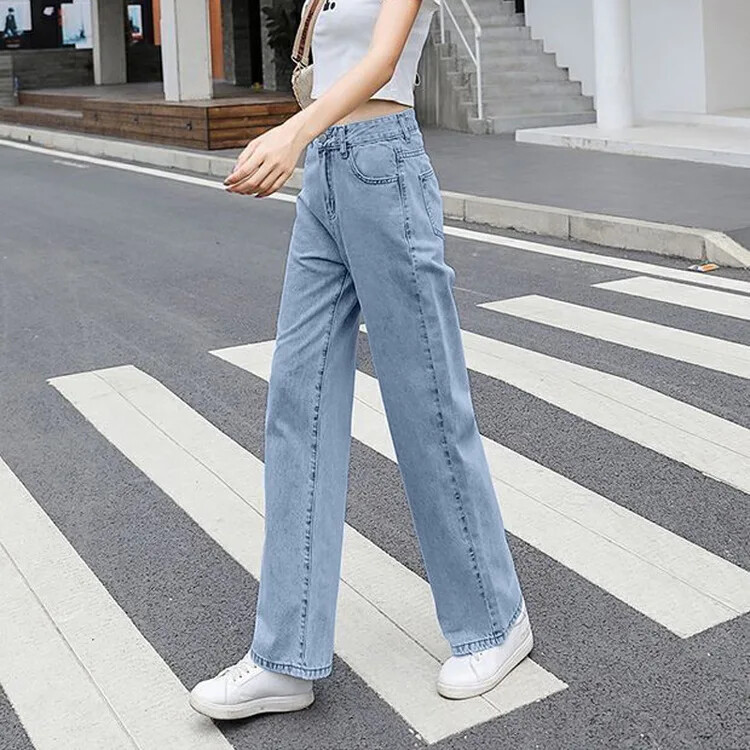 Moteriški liekninantys džinsai aukštu juosmeniu, laisvo kirpimo plačiomis kojomis tiesiomis kojomis, aprištos pavasario sezono naujo stiliaus korėjietiškos versijos džinsinės kelnės