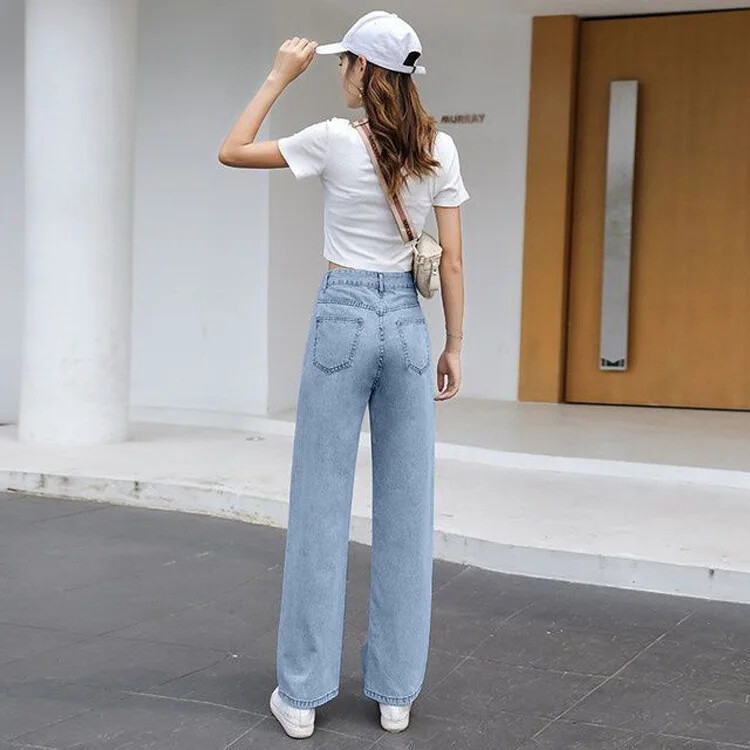 Moteriški liekninantys džinsai aukštu juosmeniu, laisvo kirpimo plačiomis kojomis tiesiomis kojomis, aprištos pavasario sezono naujo stiliaus korėjietiškos versijos džinsinės kelnės