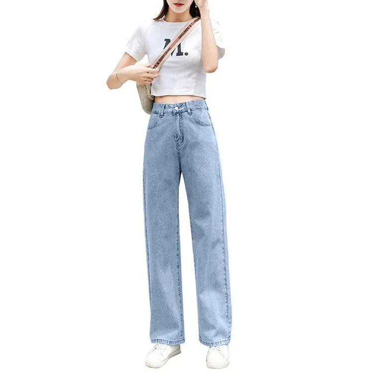 Moteriški liekninantys džinsai aukštu juosmeniu, laisvo kirpimo plačiomis kojomis tiesiomis kojomis, aprištos pavasario sezono naujo stiliaus korėjietiškos versijos džinsinės kelnės