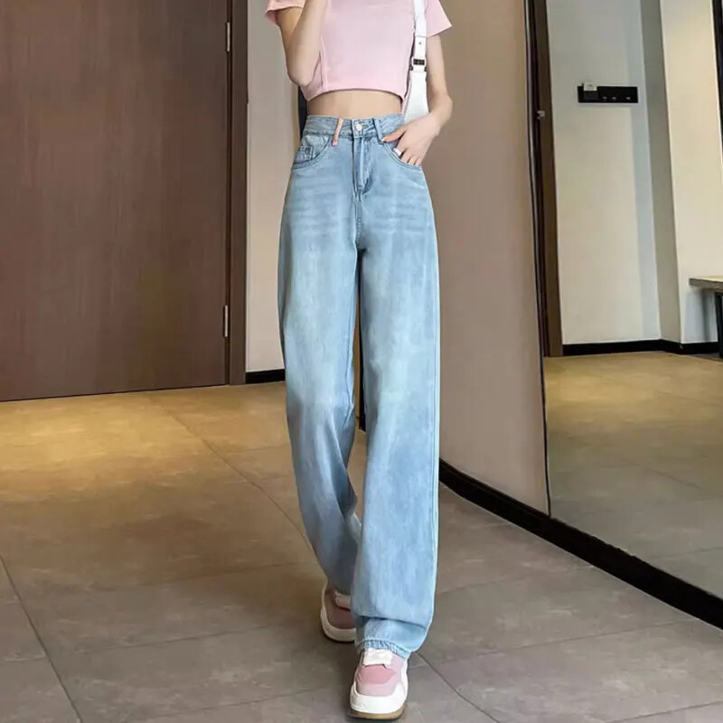 Moteriški džinsai, laisvi, aukštu juosmeniu su kutais su kišenėmis, siuvinėjimais. Įprastos plačios kelnės, tiesios kelnės.