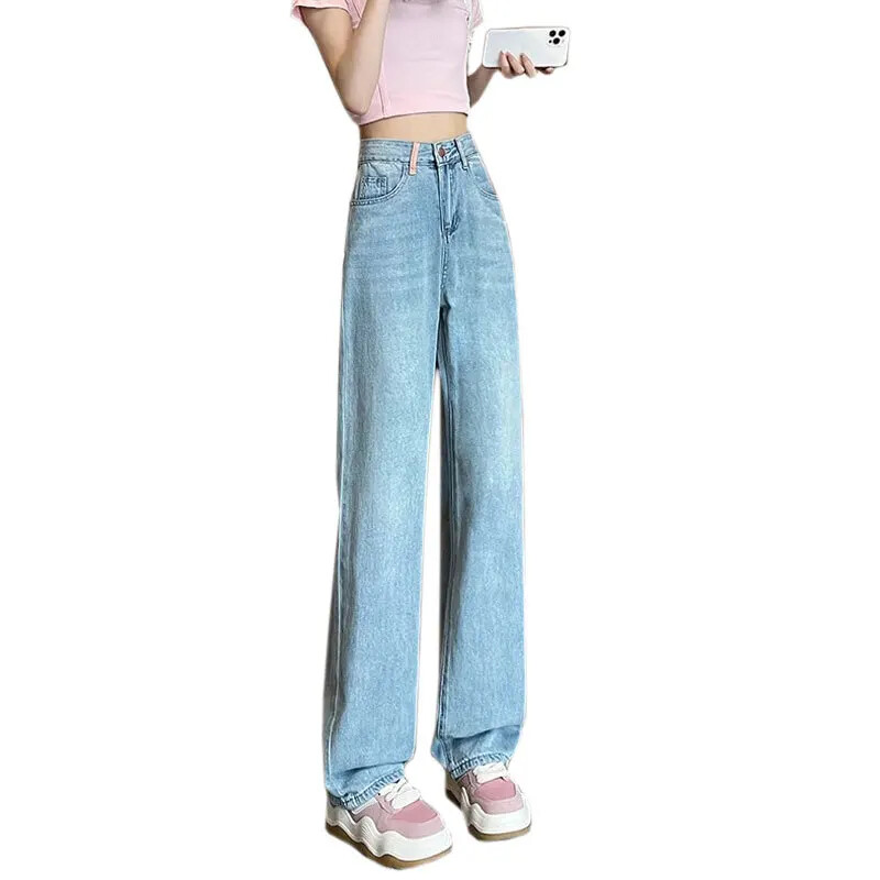 Moteriški džinsai, laisvi, aukštu juosmeniu su kutais su kišenėmis, siuvinėjimais. Įprastos plačios kelnės, tiesios kelnės.