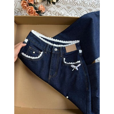 Pantaloni de denim retro albastru închis pentru femei, primăvară, toamnă, dulci, dantelă, cu fundă, blugi pentru femei, în stil american, pantaloni drepti, largi, cu picioare largi