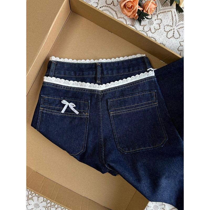 Retro tamsiai mėlynos džinsinės kelnės moterims pavasario rudeniniai saldūs nėriniuoti džinsai moteriški amerikietiško stiliaus tiesios laisvos plačios kelnės