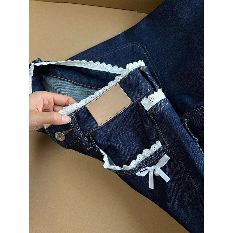 Retro tamsiai mėlynos džinsinės kelnės moterims pavasario rudeniniai saldūs nėriniuoti džinsai moteriški amerikietiško stiliaus tiesios laisvos plačios kelnės