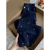 Rudens žiemos mada Gėlėmis siuvinėti džinsai Moteriški Paprastumas Biuras Moteris Aukštu Liemeniu Plačios Kojos Trend Visoms tinka Kasdienis Tiesus