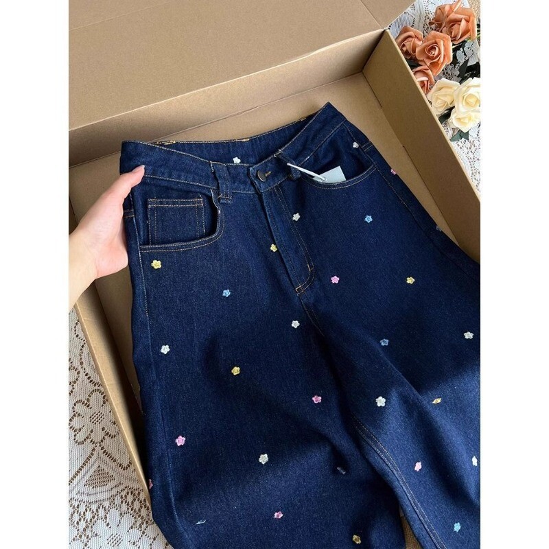 Rudens žiemos mada Gėlėmis siuvinėti džinsai Moteriški Paprastumas Biuras Moteris Aukštu Liemeniu Plačios Kojos Trend Visoms tinka Kasdienis Tiesus