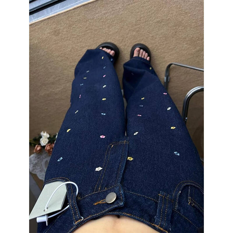 Rudens žiemos mada Gėlėmis siuvinėti džinsai Moteriški Paprastumas Biuras Moteris Aukštu Liemeniu Plačios Kojos Trend Visoms tinka Kasdienis Tiesus