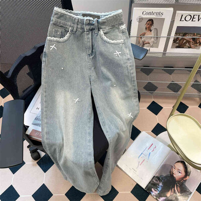 Moderni mežģīņu džinsi sievietēm pavasara rudens ar augstu vidukli taisni brīvas zilas džinsa bikses franču stila sieviešu platas bikses