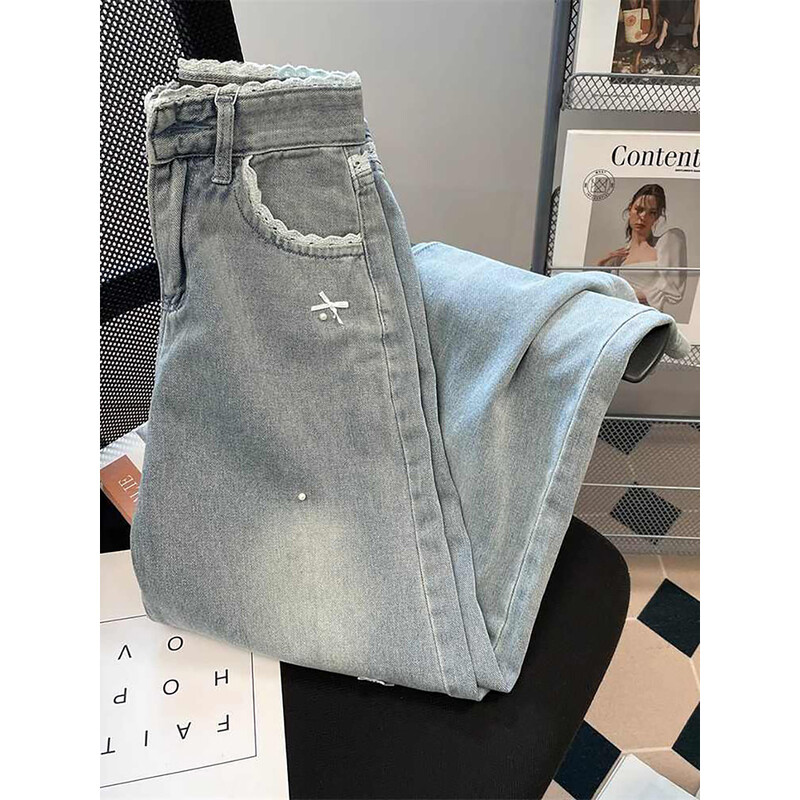 Moderni mežģīņu džinsi sievietēm pavasara rudens ar augstu vidukli taisni brīvas zilas džinsa bikses franču stila sieviešu platas bikses