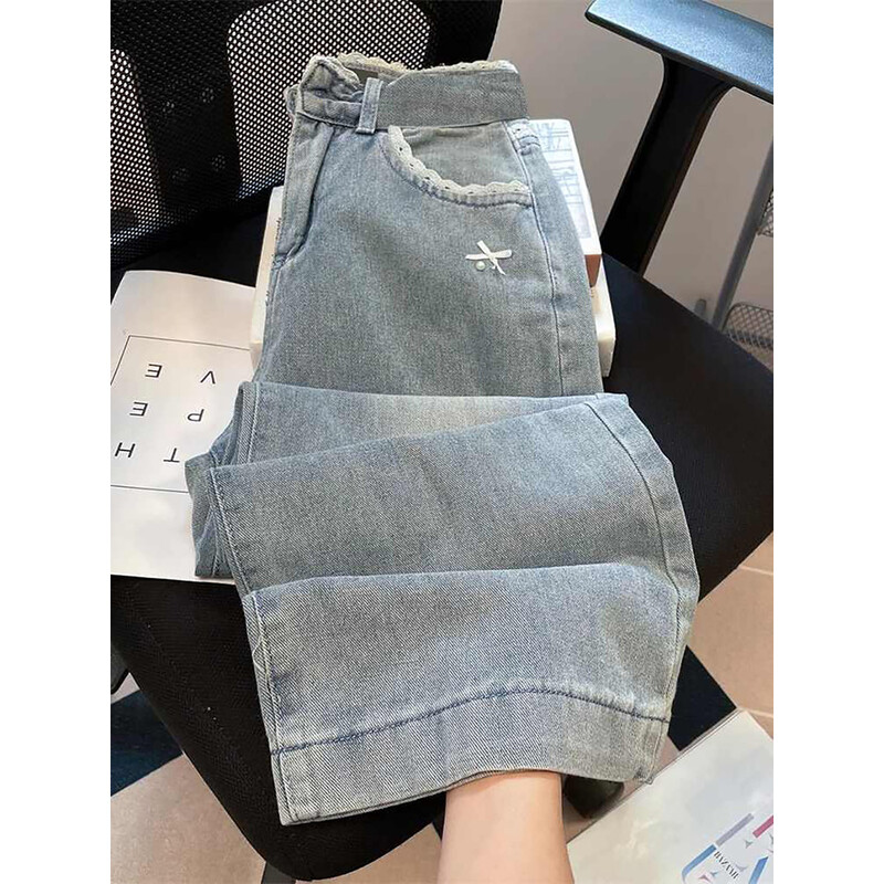 Moderni mežģīņu džinsi sievietēm pavasara rudens ar augstu vidukli taisni brīvas zilas džinsa bikses franču stila sieviešu platas bikses