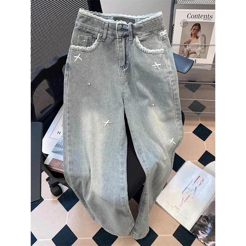 Moderni mežģīņu džinsi sievietēm pavasara rudens ar augstu vidukli taisni brīvas zilas džinsa bikses franču stila sieviešu platas bikses