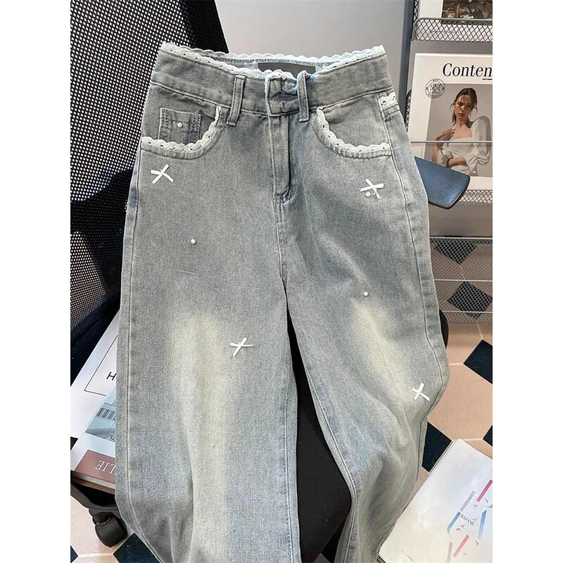 Moderni mežģīņu džinsi sievietēm pavasara rudens ar augstu vidukli taisni brīvas zilas džinsa bikses franču stila sieviešu platas bikses