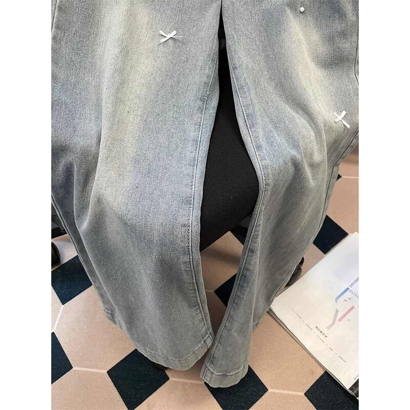 Moderni mežģīņu džinsi sievietēm pavasara rudens ar augstu vidukli taisni brīvas zilas džinsa bikses franču stila sieviešu platas bikses