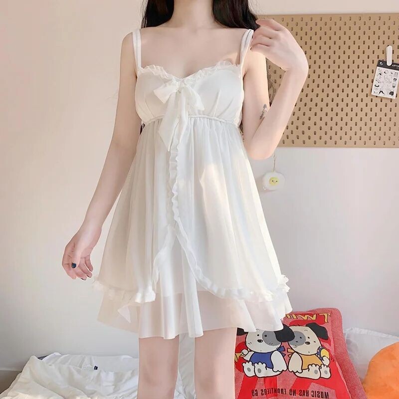 Κομψά, γλυκά, μασίφ, λευκά σετ γυναικείων ρόμπων Κομψά δαντελωτά παπιγιόν με διχτυωτό ρούχο ύπνου Αναπνεύσιμο λεπτό νυχτικό