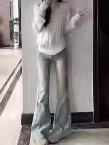 Retro mėlynos spalvos platėjantys džinsai 2025 m. moteriški pavasario rudeniniai naujos džinsinės kelnės aukštu juosmeniu korėjietiškos moteriškos elastingos plonos džinsinės kelnės