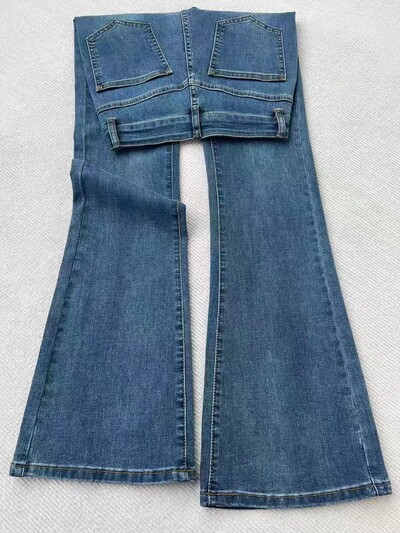 Retro mėlynos spalvos platėjantys džinsai 2025 m. moteriški pavasario rudeniniai naujos džinsinės kelnės aukštu juosmeniu korėjietiškos moteriškos elastingos plonos džinsinės kelnės