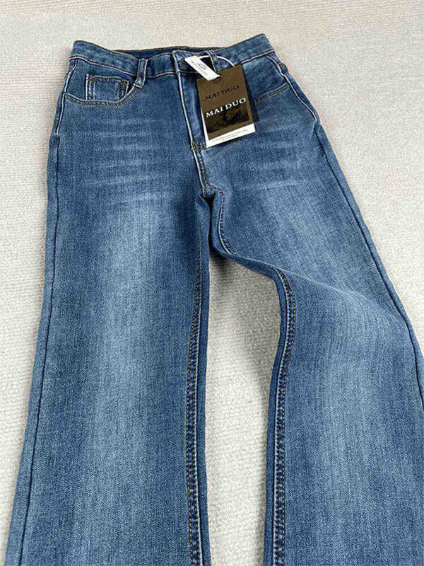 Retro mėlynos spalvos platėjantys džinsai 2025 m. moteriški pavasario rudeniniai naujos džinsinės kelnės aukštu juosmeniu korėjietiškos moteriškos elastingos plonos džinsinės kelnės