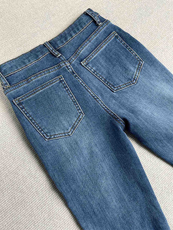 Retro mėlynos spalvos platėjantys džinsai 2025 m. moteriški pavasario rudeniniai naujos džinsinės kelnės aukštu juosmeniu korėjietiškos moteriškos elastingos plonos džinsinės kelnės