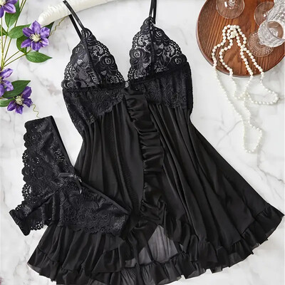 Elegáns átlátszó piros szexi fehérnemű Női fehérnemű átlátszó hálóruha Csipke hálóing bugyi pizsama szettek Női Babydoll