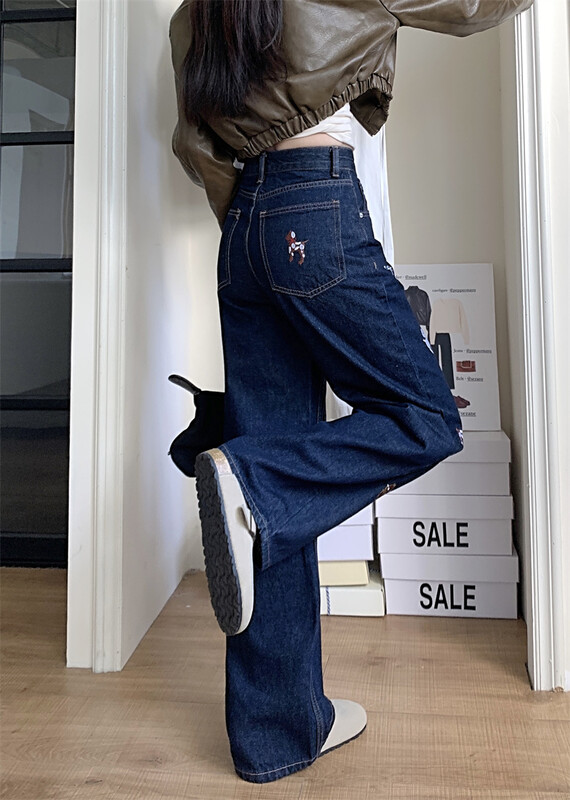 Naiste koerliblikas tikandiga laia säärega teksad Lady Spring Sügis kõrge vöökohaga lahtised sirged pikad teksad