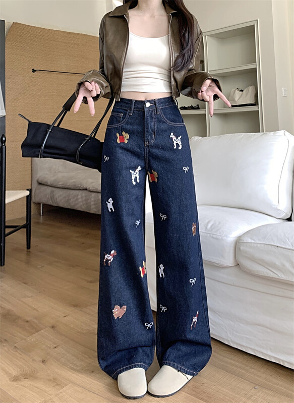 Naiste koerliblikas tikandiga laia säärega teksad Lady Spring Sügis kõrge vöökohaga lahtised sirged pikad teksad