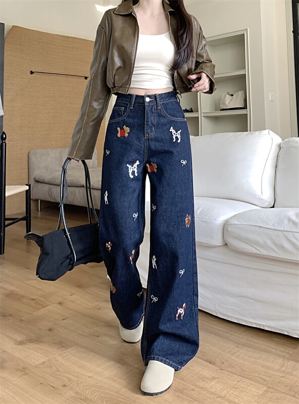 Naiste koerliblikas tikandiga laia säärega teksad Lady Spring Sügis kõrge vöökohaga lahtised sirged pikad teksad