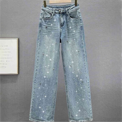 Deimantinės džinsinės plačios kelnės, 2025 m. Naujos moteriškos, laisvos ilgos kelnės, madingi, šviesiai mėlyni džinsai